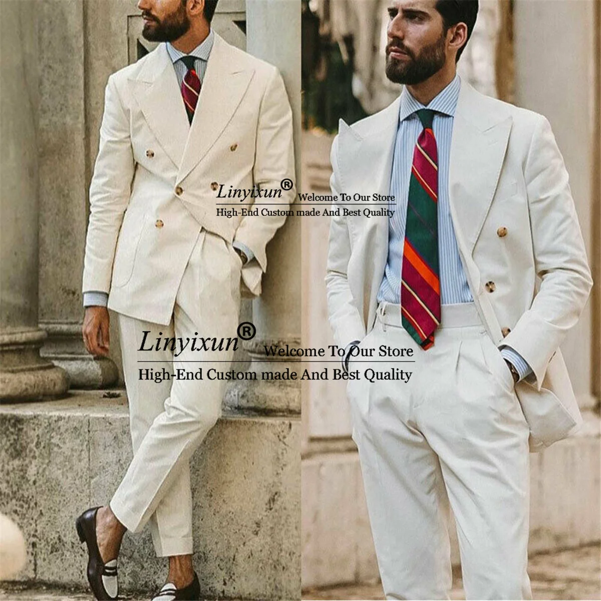 

Fashion White Mens Suits Double Breasted Groom Wedding Tuxedos 2 Pieces Jacket Pants Set Best Man Prom Blazer Terno Masculino
