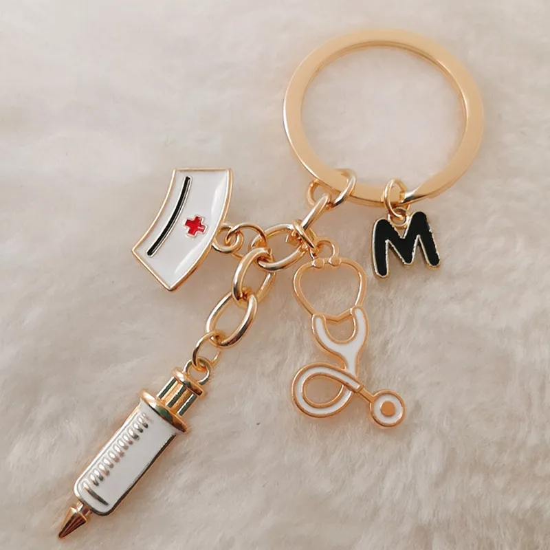 Dripping letter A-Z key ring syringe nurse cap stethoscope doctor and nurse decoration keychain doctor and nurse gift keychain