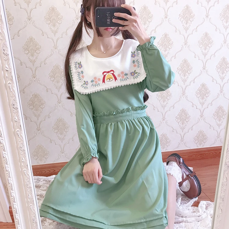 Mori weiche mädchen frische süße spitze bowknot bestickt quadrat kragen pilz hohe taille langarm kleid viktorianischen kleid kawaii