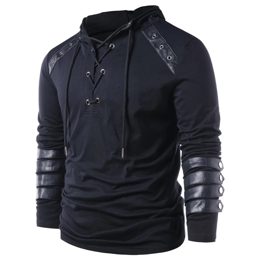 Men's Gothic Steampunk Hoodie Shirts Sweatshirt Lace Up Long Sleeve Pullover Hooded Casual Blouse Tops