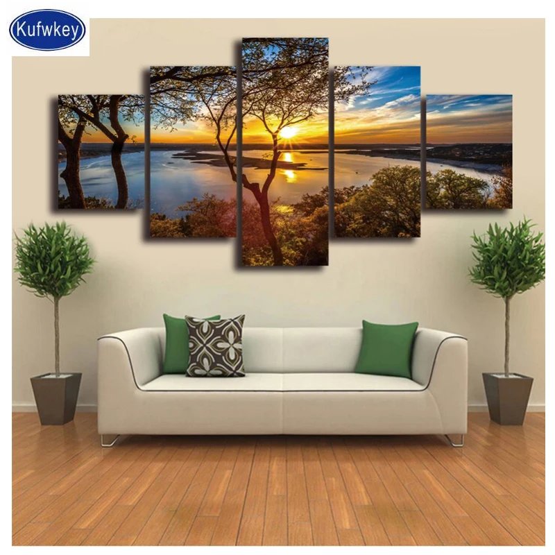 

5 Panels Sunrise Tree Lake diamond painting full square stones 5d diamond mosaic round drill stitch diamond embroidery Landscape