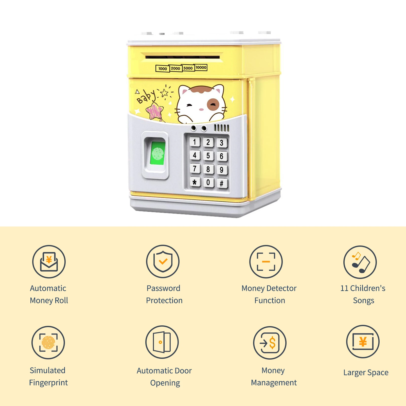 Electronic Piggy Bank MINI ATM Saving Box  Password Simulated Fingerprint Money Bank for Cash Coins Auto Scroll Paper Kids Gift