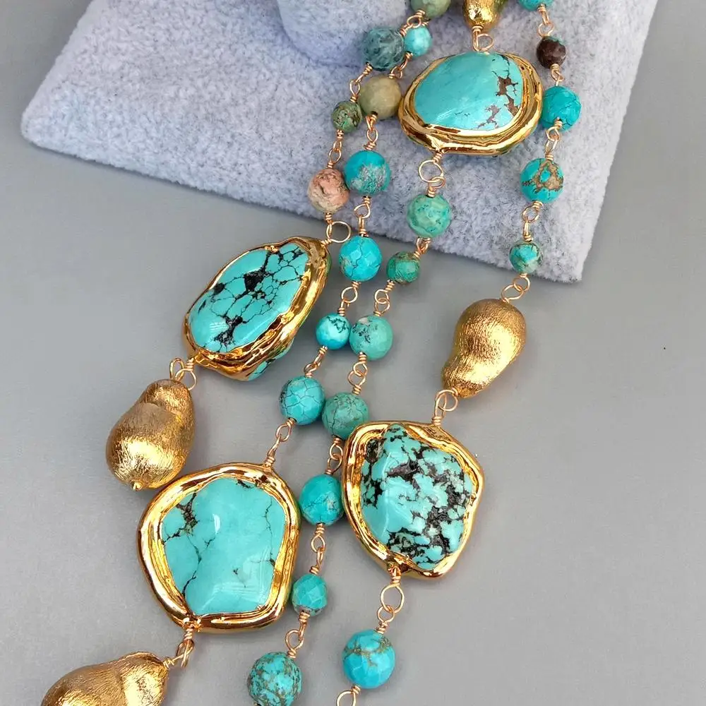 

KKGEM 36'' 6mm-8mm Round 26x27mm Nugget Green Turquoise Rosary Gold Color Brushed Beads Long sweater Chain Necklace 36"