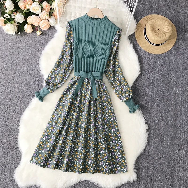 

Autumn Sweater Dresses for Women Winter Splicing Pullover Bandage Slim Knitting Dress Sweet Corduroy Floral Print Dress Vestido