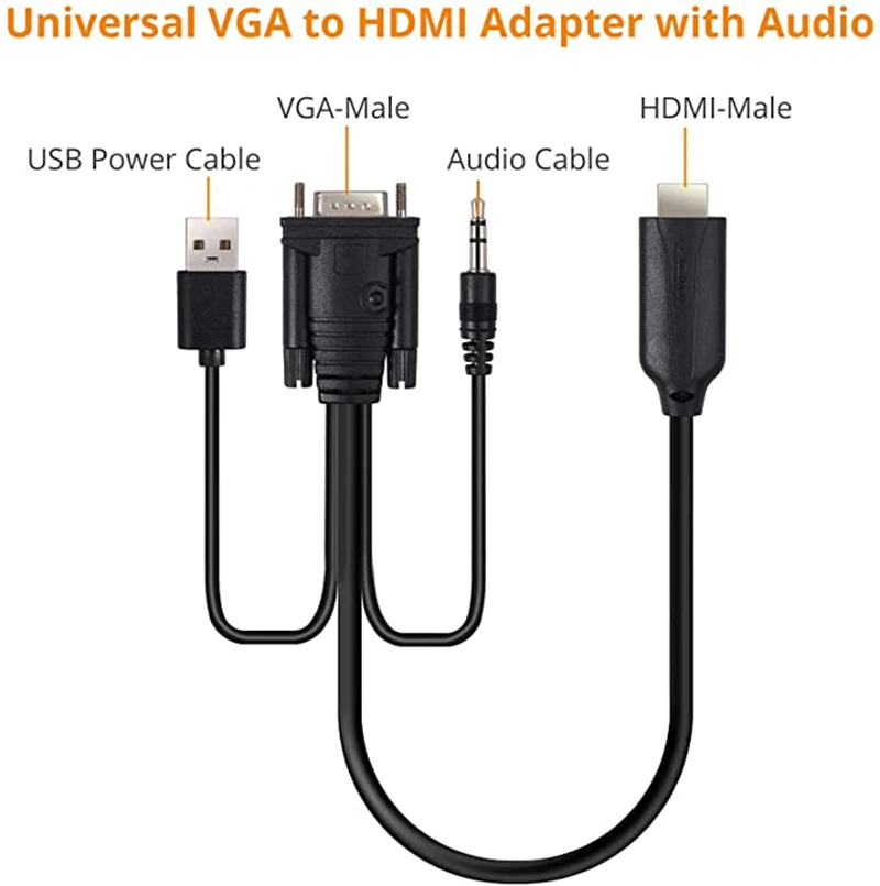 VGA to HDMI Adapter Cable with 3.5mm Audio USB 6ft/1.8m Video Converter Cord 1080P Support Nintendo Switch PS4 Laptop etc