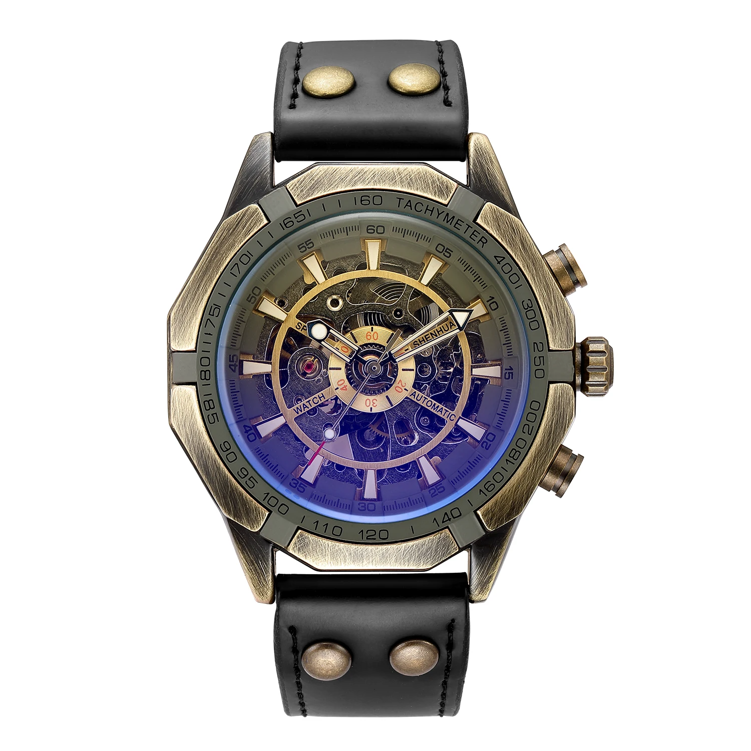 SHENHUA Blue Transparent Glass Automatic Mechanical Watch Antique Bronze Steampunk Dial Black Leather Wristwatches Men Clock