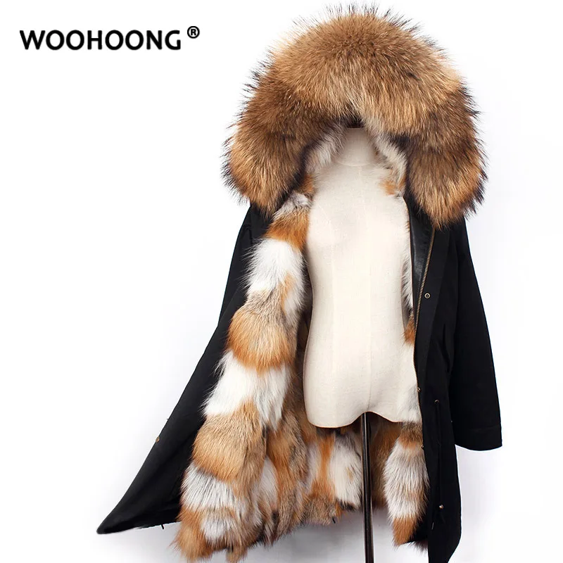 

Winter Real Fur Parker Women Red Fox Coat Removable Natural Raccoon Hat Waterproof Fashion Warmth Overcoat Customized Large Size