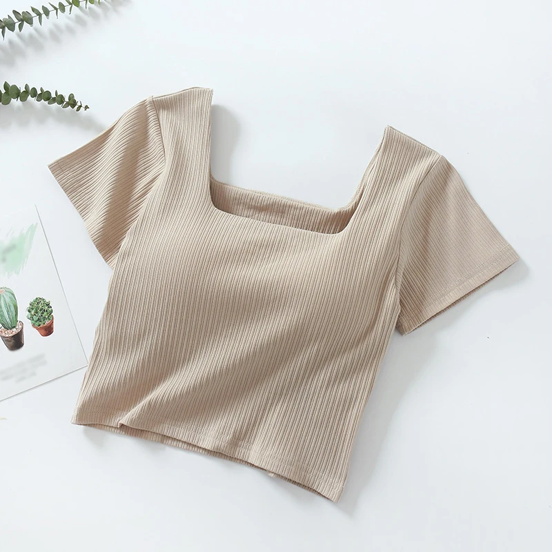 Summer Women T-Shirts Chest Pad Built In T-shirt O-Neck Short Sleeve Women Tops Breathable Short Tshirt HYTW1