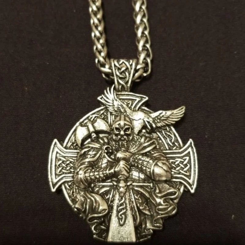 Nordic Mythology Odin God Pendant Necklace for Men Cross Crow Pendant Necklace Retro Trend Jewelry Gift