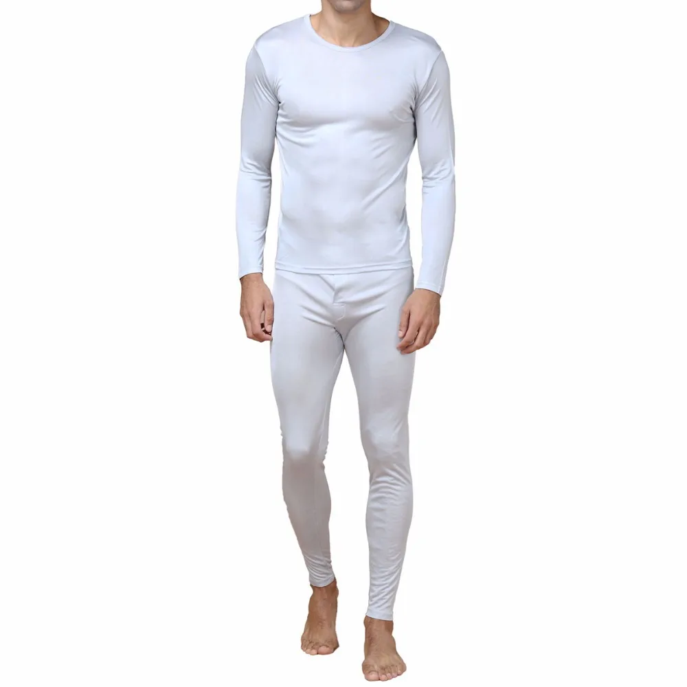 Men Long Johns Set 100% Pure Silk Jersey Knit Men Crew Neck Thermal Underwear For Men Winter Top and Bottom Set Size L XL XXL