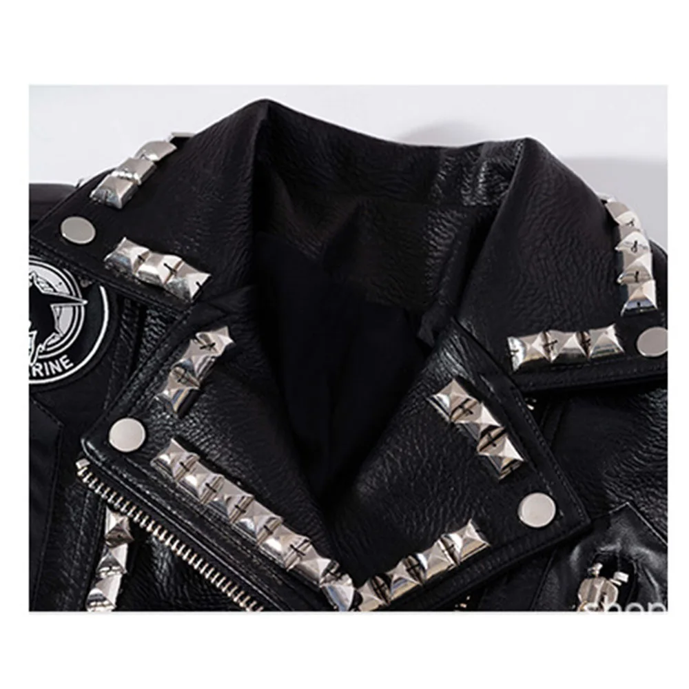 Autumn Winter New Rivet Women Graffiti Jacket PUNK Print Letter Slim Motorcycle Chain Coat PU Faux Leather Studs Short Outwear