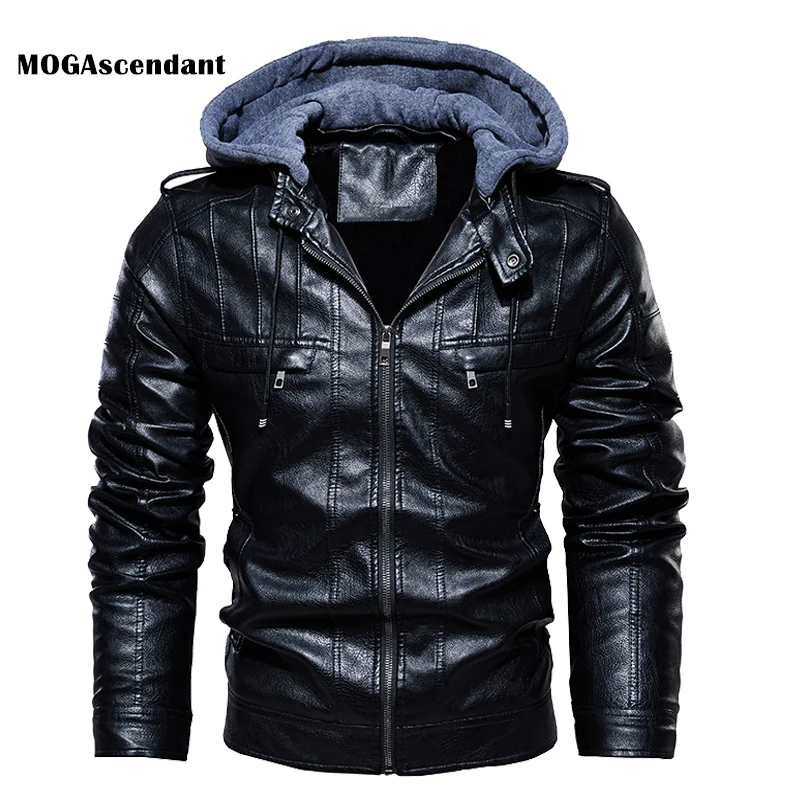 

Men's Winter Chaqueta Moto Hombre Motorcycle Faux Leather Jacket Men Warm Windbreaker Hooded PU Jacket Outerwear Baseball Jacket
