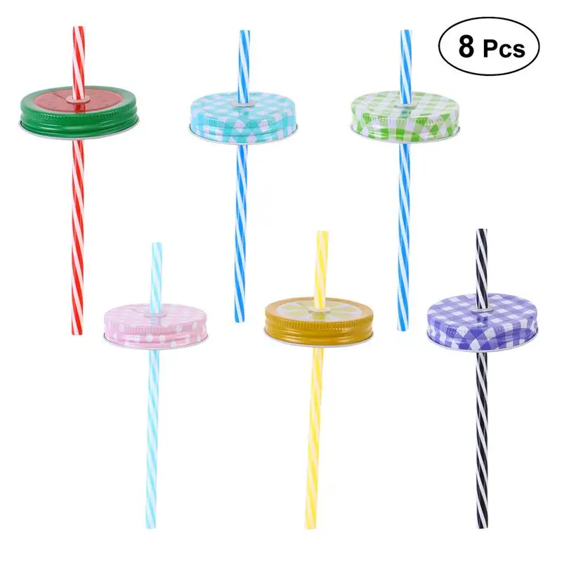 8pcs Regular Mouth Mason Jar Lids With Straw Hole 8 Lids 8 Striped Straws 1 Brush Set Beaded Cock Mason Cup Cap Random Color