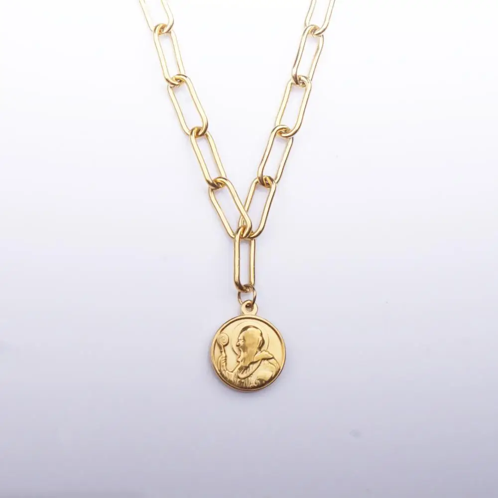 100% Stainless Steel St Benedict Medal CHUNKY Chain Necklace For Women Gold/Silver Color Metal San Benito Coin Choker Necklaces