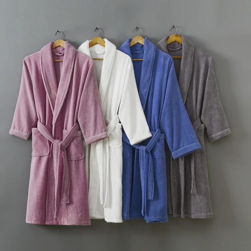 Pure color Towel fabric Pure cotton robes women and men simple lovers bathrobes Hotel couples kimono robes 0953