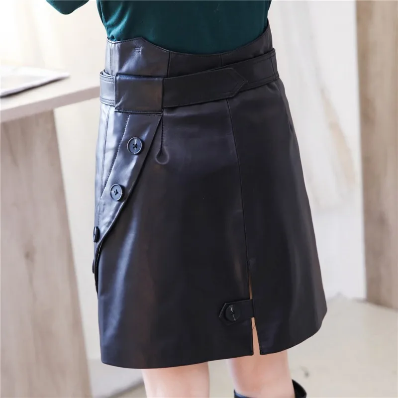 Spring New Women Belted High Waist Asymmetrical Mini Skirt Ladies Moto Biker Buttons Sheepskin Genuine Leather Slim Wrap Skirts