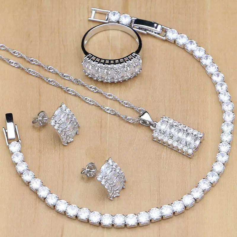 Natural Silver 925 Bridal Jewelry Sets White Zircon Crystal For Women  Earrings Pendant Rings Bracelet Necklace Kits