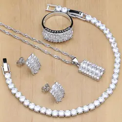 Natural Silver 925 Bridal Jewelry Sets White Zircon Crystal For Women Earrings Pendant Rings Bracelet Necklace Kits