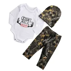 PUDCOCO 3PCS Crawl Walk Hunt Newborn Baby Boys Romper Tops Pants Hat Outfits Set Clothes Support wholesale