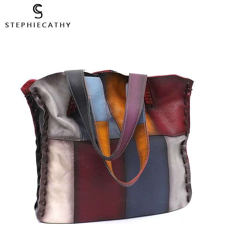 SC Large Genuine Leather Shoulder Bag Women Vintage Random Color Patchwork Tote Ladis Soft Leather Casual Big Handbag Femal Sac