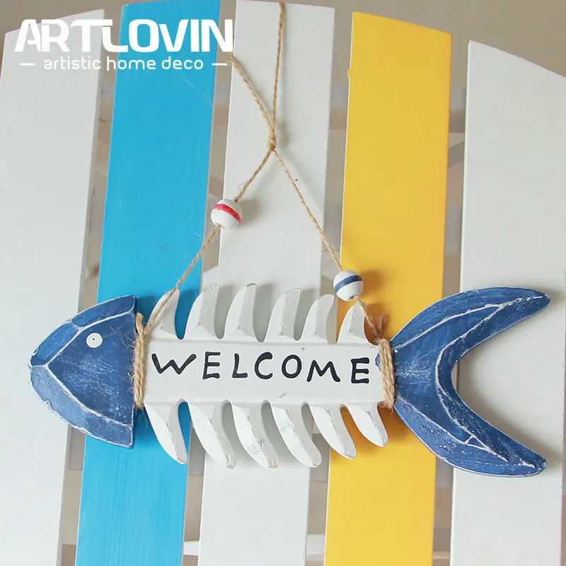 Popular Nautical Beach Style Wood Home Wall Decoration Welcome board Mediterranean Style Fishbone Hanging Crafts for Door Garden