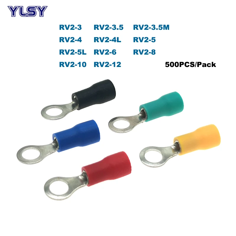 

500 шт кольцо изолированных обжимных разъёмов, коннекторов для электрических наконечники RV2-3/4/5/6/8/10/12 Кабельный разъем 27A 16-14AWG 1,5-2.5mm2