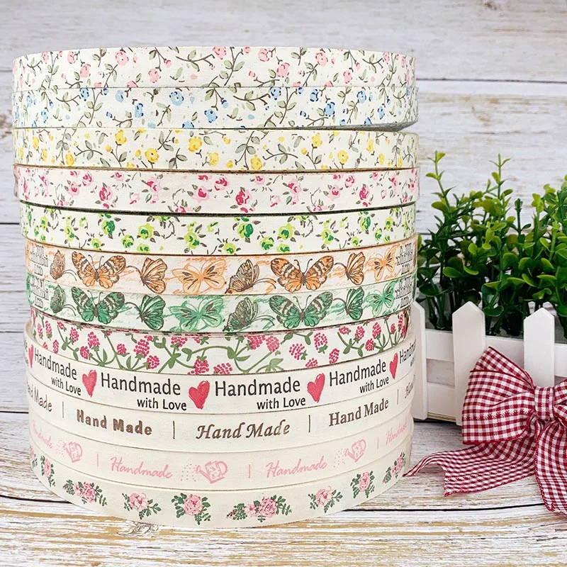 15mm Cotton Ribbon Handmade Flower Pattern Printed Cotton Ribbons For Christmas Wedding Decoration DIY Sewing Fabric