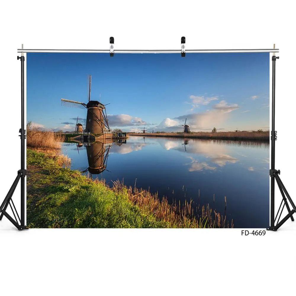 Windmill River Grassland Sky Photo Background Vinyl Cloth Backdrops Photography Props for Wedding Children Portrait Photophone