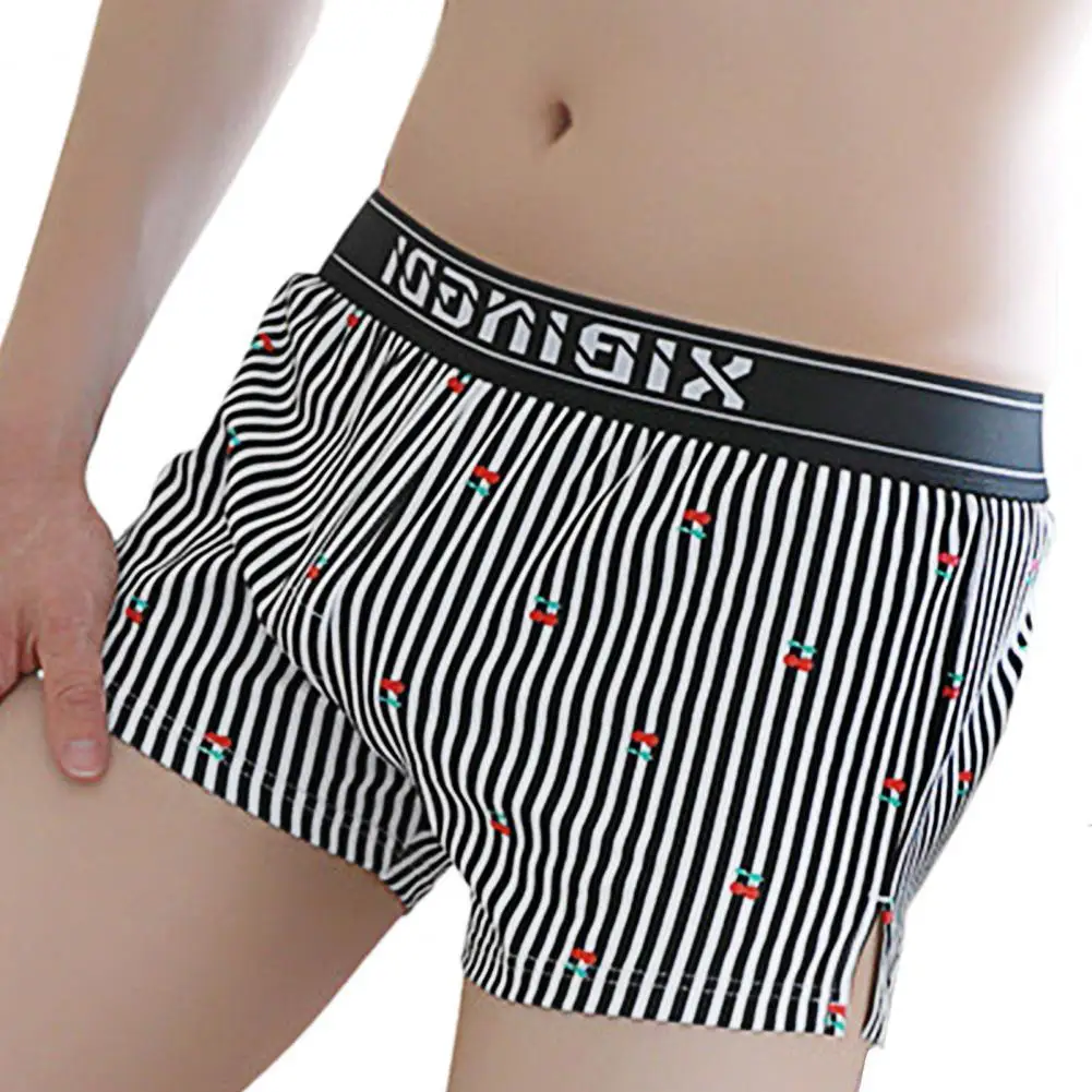 Soutong Men Underpants Vertical Stripe Cherry Print Loose Boxer Underwear Comfy Elastic Waist Plus Size Men's Panties