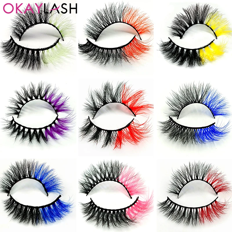 OKAYLASH Unique Mix Two Colors 3D Mink Rainbow Colored Eyelashes Volume Fluffy Red Purple Blue Lashes For Cosplay Halloween