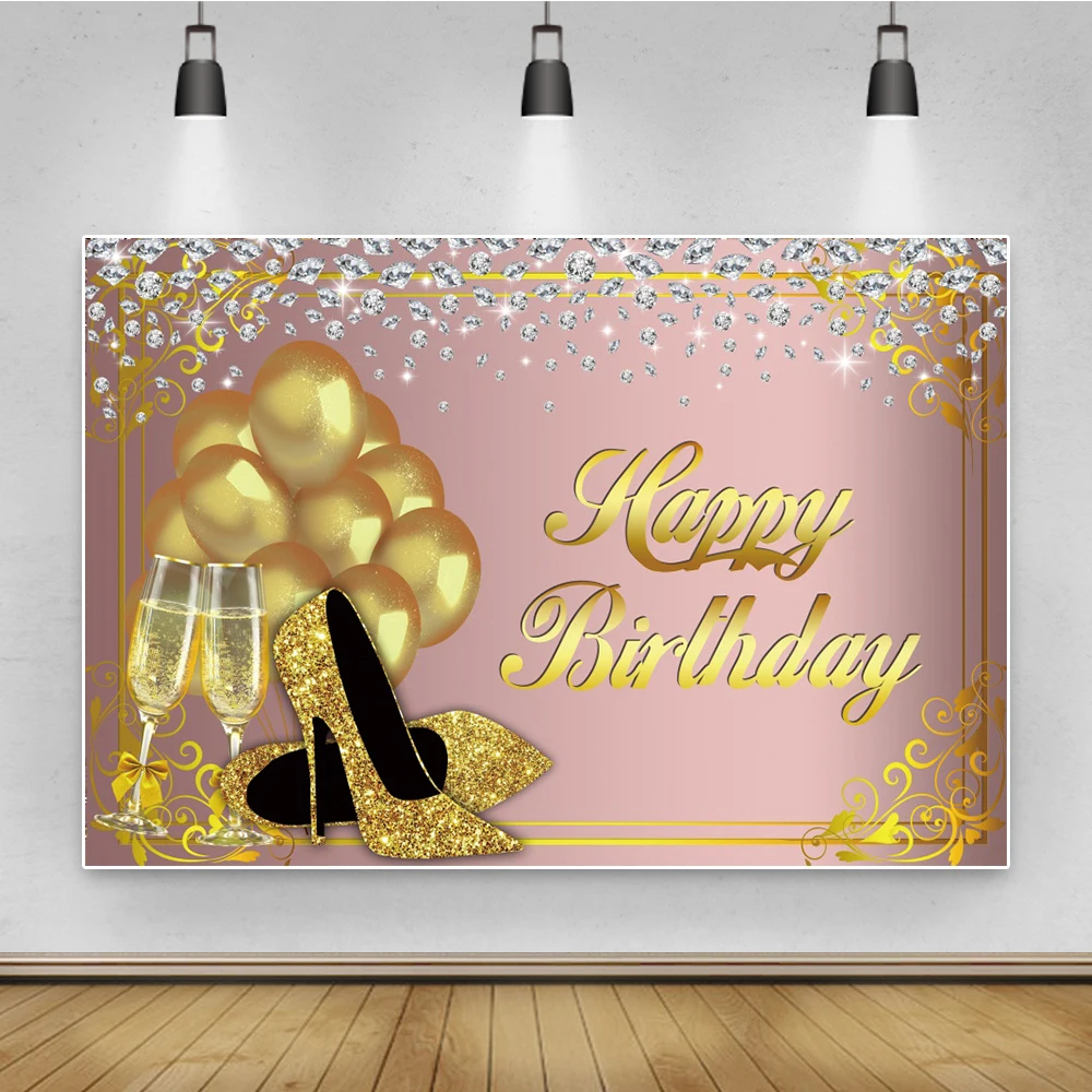 Photo Background Happy Fabulous Women's Birthday Party Golden High Heels Dots Feather Poster Photographic Backdrop Photo Studio