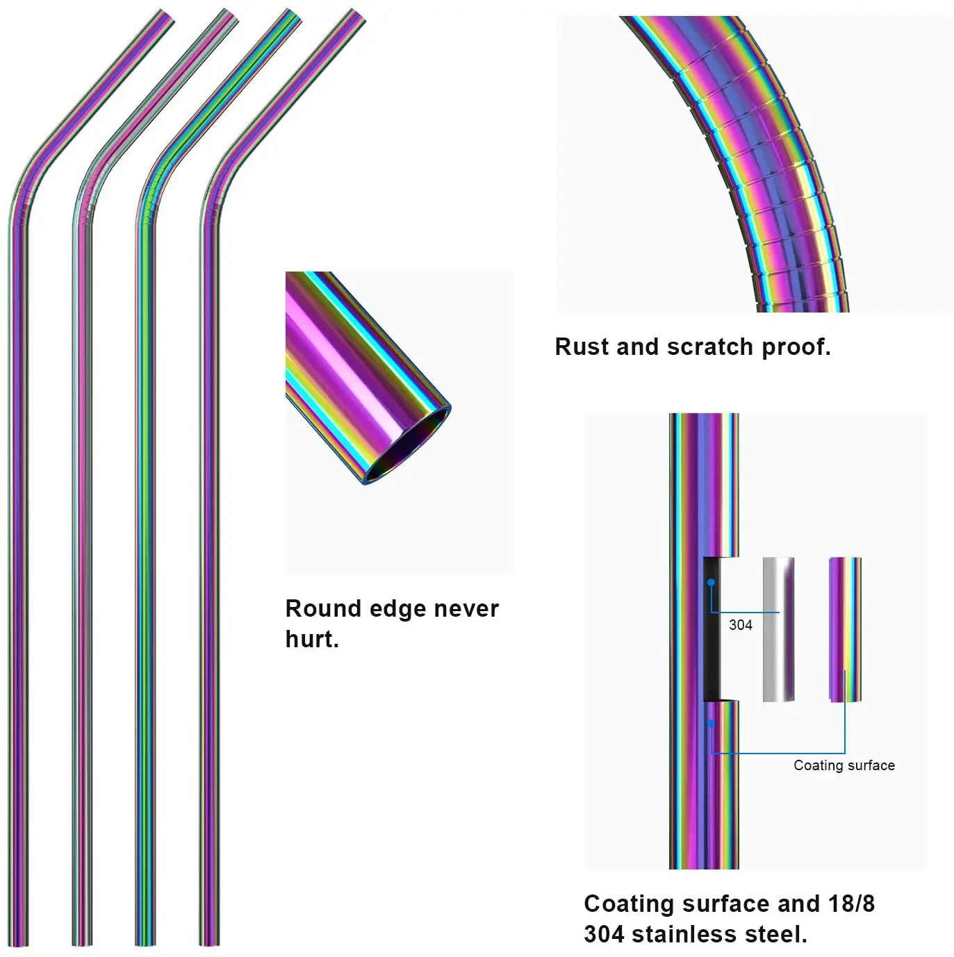 Eco-friendly 304 Stainless Steel Straws for Drinking Reusable Metal Straws Set with Brush Bar Drinks Smoothie Cocktail Straw