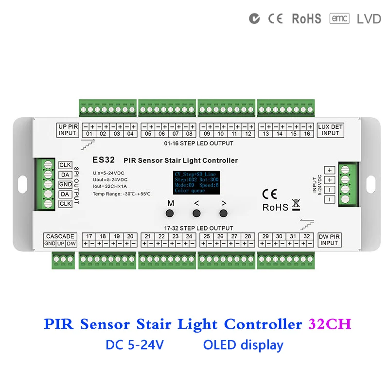 sensor pir multifuncional para escada 32ch controle de luz led com deteccao de dia para 5v 12v 24v ws2811 ws2812 2801 5050 01