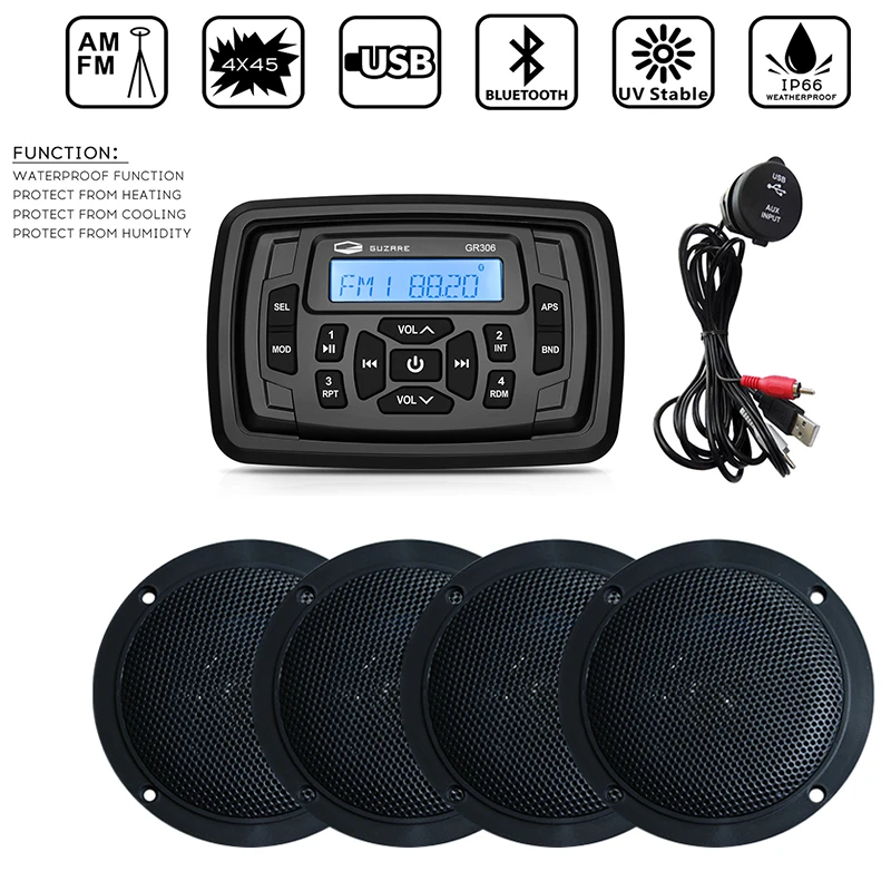 

Waterproof Marine Stereo Boat Radio Audio Bluetooth Receiver FM AM Car MP3 Player+2 Pairs 4 inch Marine Speakers+USB Audio Cable