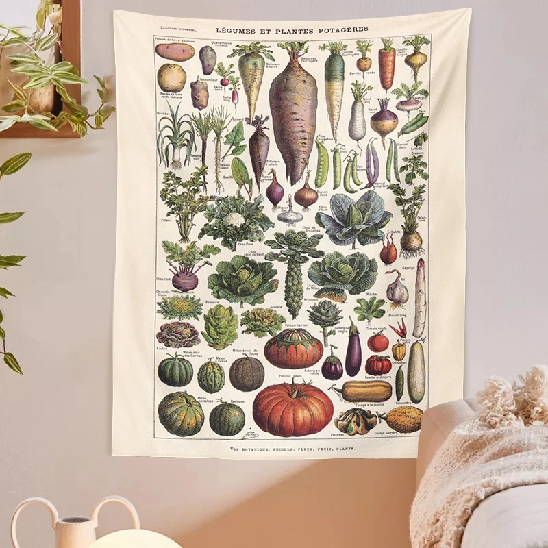 Vegetables and garden plant Tapestry Wall Hanging Botanical Print  Illustration Identification Chart Diagram Wall Art Boho Decor