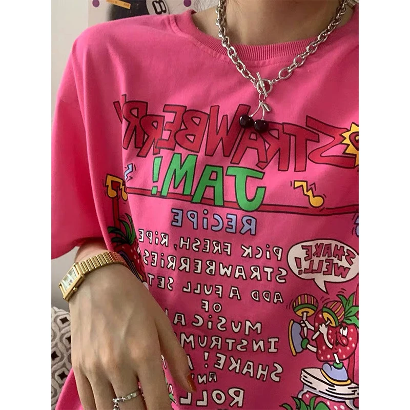 Vintage Strawberry Band Print Funny tShirt For Ladies Plus Size Loose O Neck Graphic Tees Short Sleeve Cotton Y2k Aesthetic Top