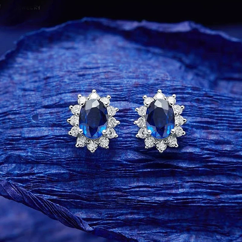 YANHUI Luxury Simulation Blue Sapphire 100% Original 925 Silver Needle Earrings Princess Diana Royal  Crown Wedding Jewelry