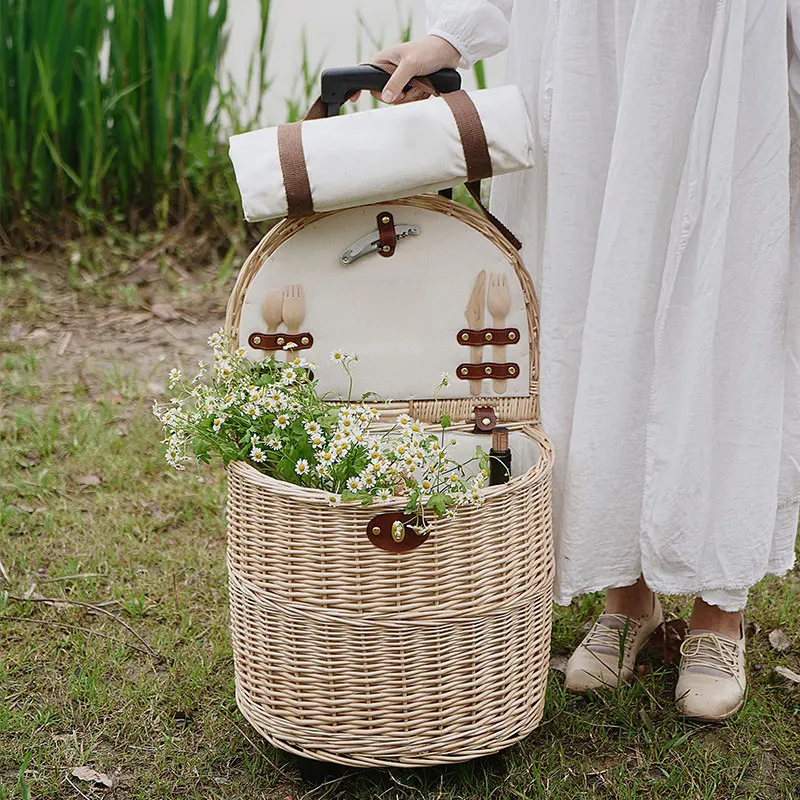 Rattan Trolley Picnic Basket Natural Wicker Weaving Lunch Baskets Wheels Family Outing Trip Picnic  Bento Storage High Capacity