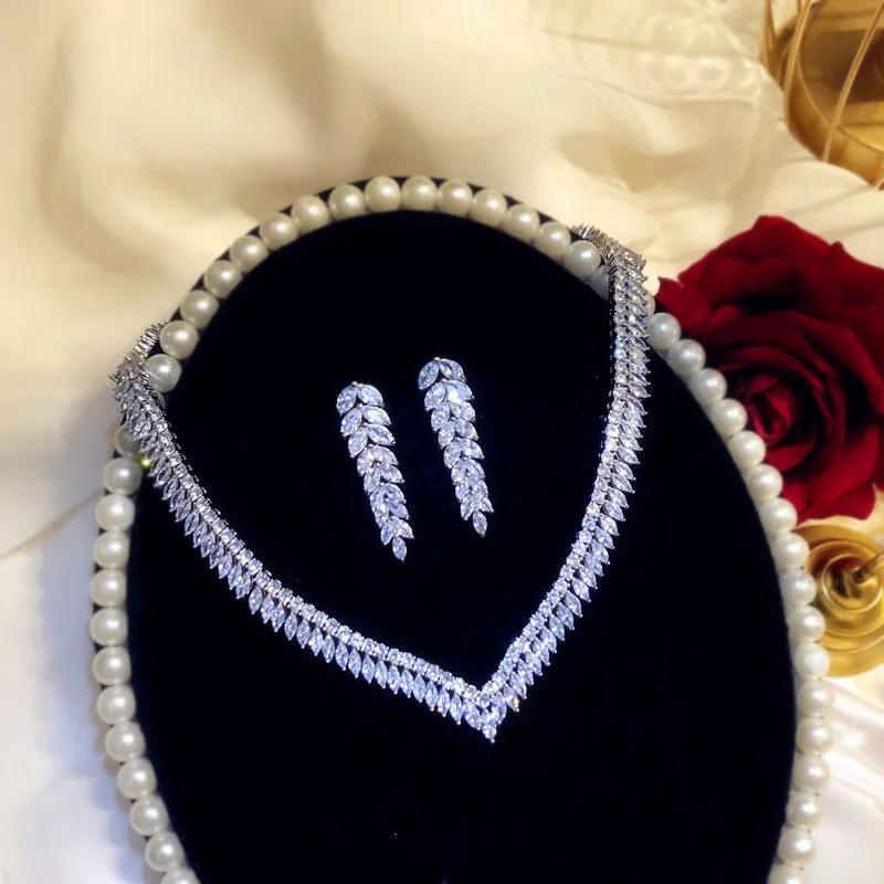 Fine Jewelry Sets For Women Sterling S925 Cubic Zirconia Leaves Bridal Drop Earrings Necklaces Pendants Set High Quality