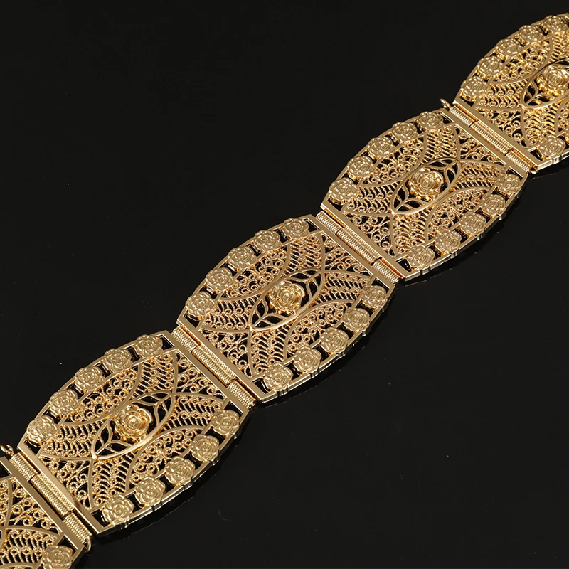 Cinturón de boda de lujo de Metal ancho argelino marroquí con incrustaciones de diamantes de imitación cadena de cintura de flor hueca redonda