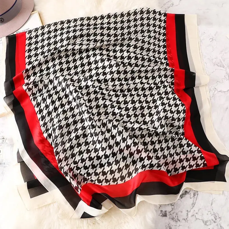 180*90cm Classic Women Silk Scarf Female Lady Beach Wrap Chiffon Houndstooth Gradient Shawl Sunscreen Bandanna Foulard Muffler