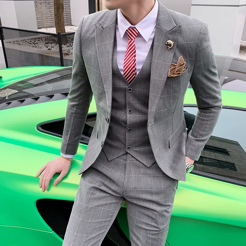 

(Jacket + vest + pants) luxury classic men's plaid casual wedding dress business Slim tuxedo social prom men formal casual suit