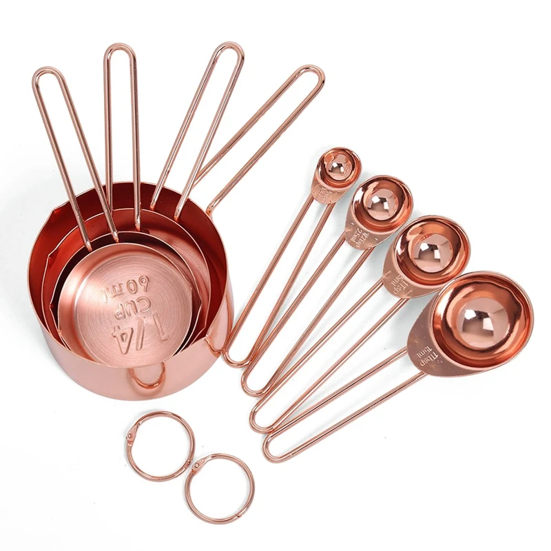 Rose gold Stainless Steel Measuring Cups and Spoons set of 8 Engraved Measurements,Pouring Spouts & Mirror Polished for Baking a