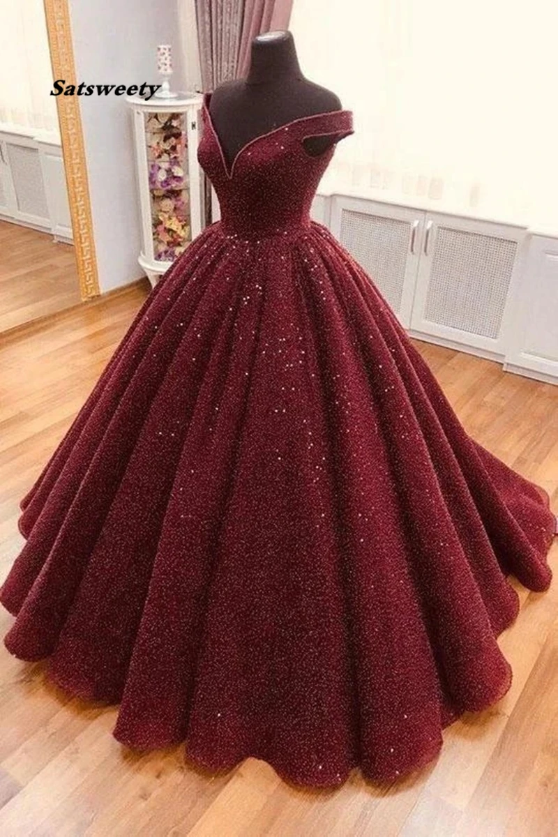 Sparkle Ball Gown V Neck Burgundy Off the Shoulder Prom Dress Quinceanera Dresses Vestidos De 15 Anos Sweet 16 Dresses