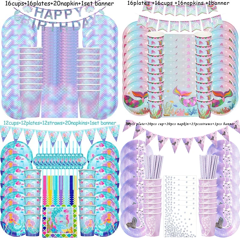 

Набор одноразовых бумажных стаканчиков и тарелок «русалка», посуда для вечеринки в честь Дня Рождения, декорации вечеринок