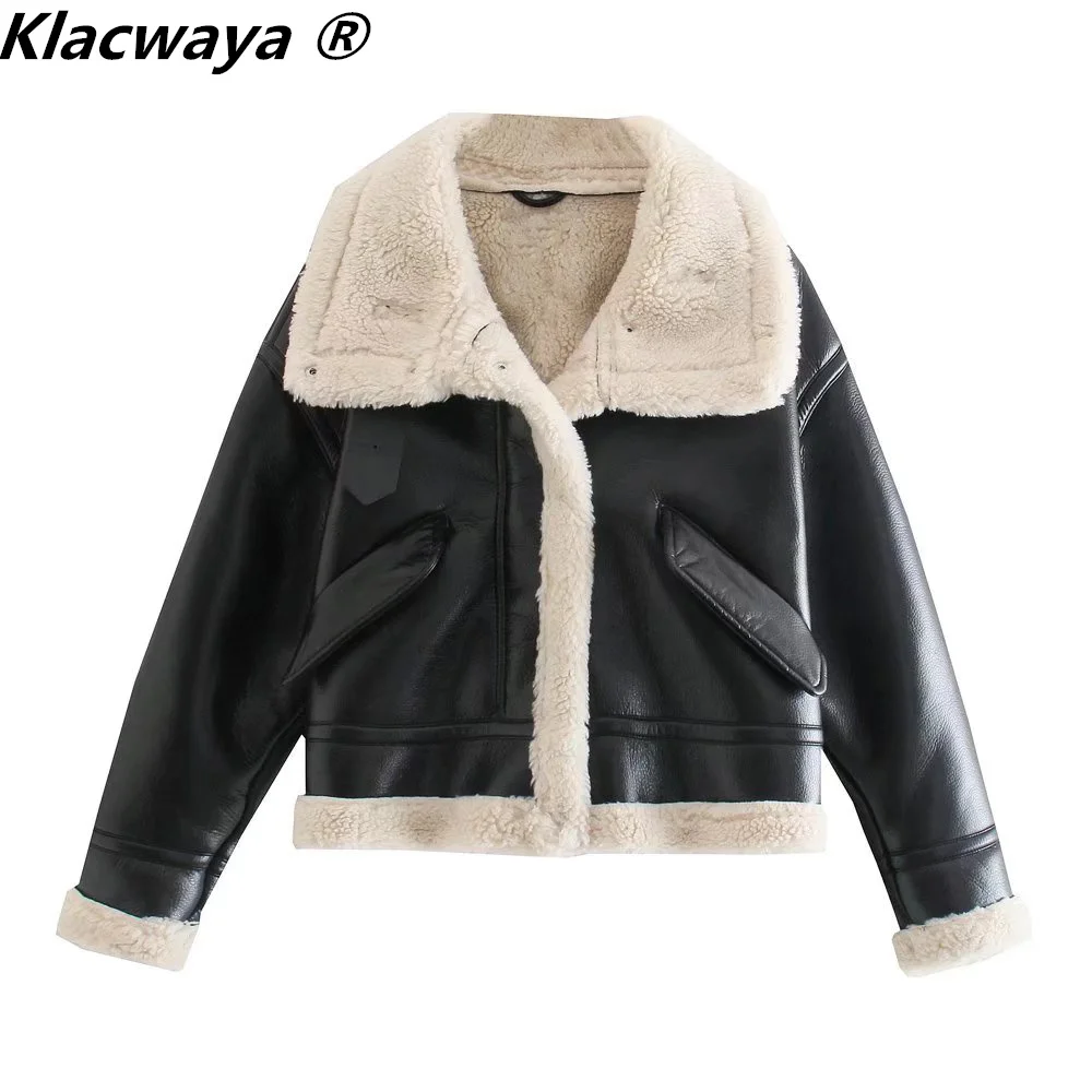 Klacwaya Faux Pelzmantel Frauen Winter Jacke Für Frauen 2021 Vintage Kleidung Leder Jacke Reißverschlüsse Casual Plüsch Schwarz Jacke