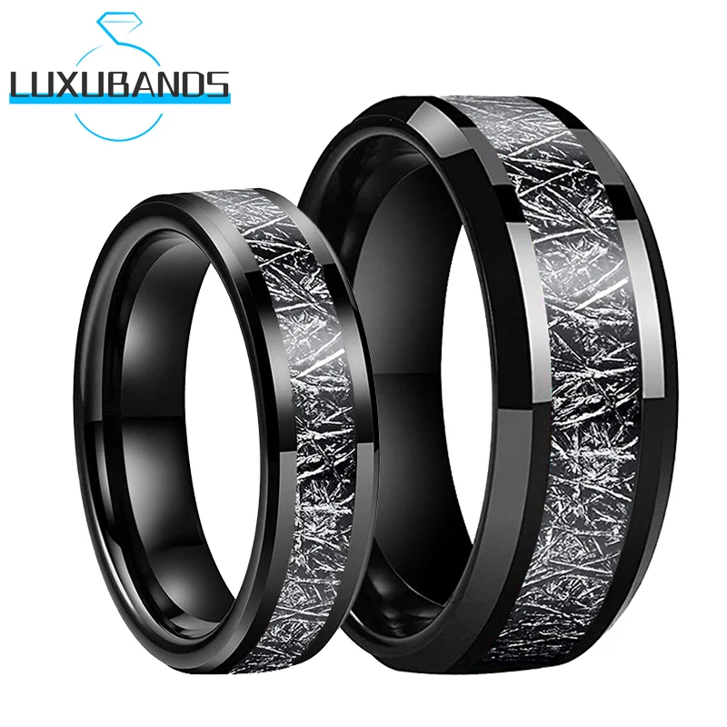 

Tungsten Carbide Couple Wedding Rings Beveled Edge 8mm 6mm Black Meteorite Inlay Polished Finish Men Women's Jewelry Fashion