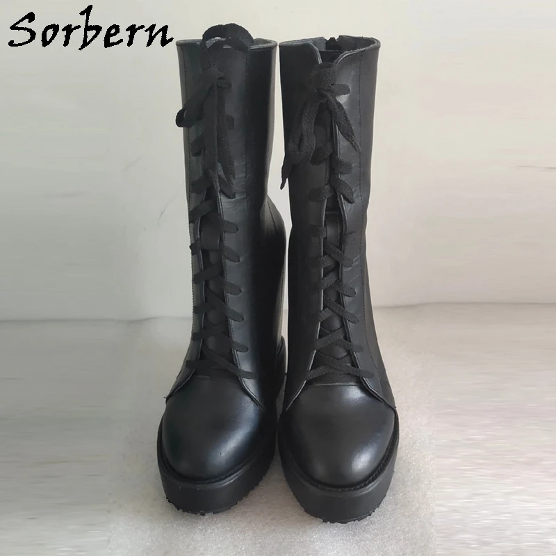 Sorbern Black Cow Real Leather Boots Women Wedges High Heel Sneakers Round Toe Platform 15Cm Plus Size Eu42 Ankle Booties