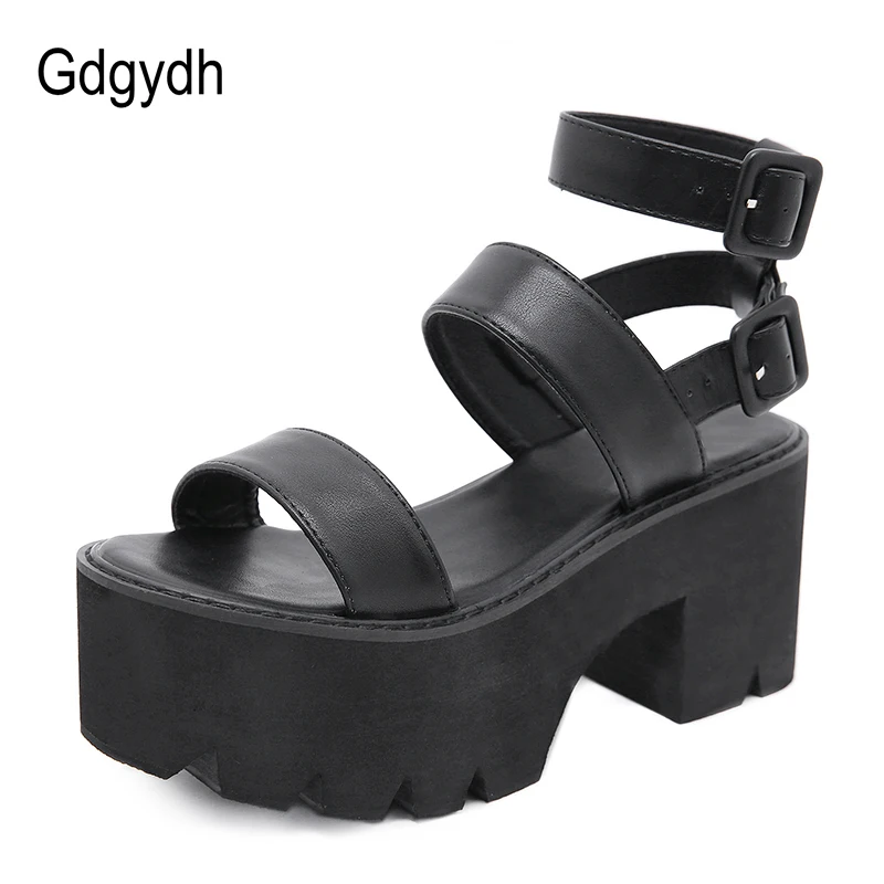 Gdgydh Summer Women Platform Sandals Thick Bottom Ankle Strap Sandals High Heels Open Toe Black Chunky Heel Shoes Fashion Solid
