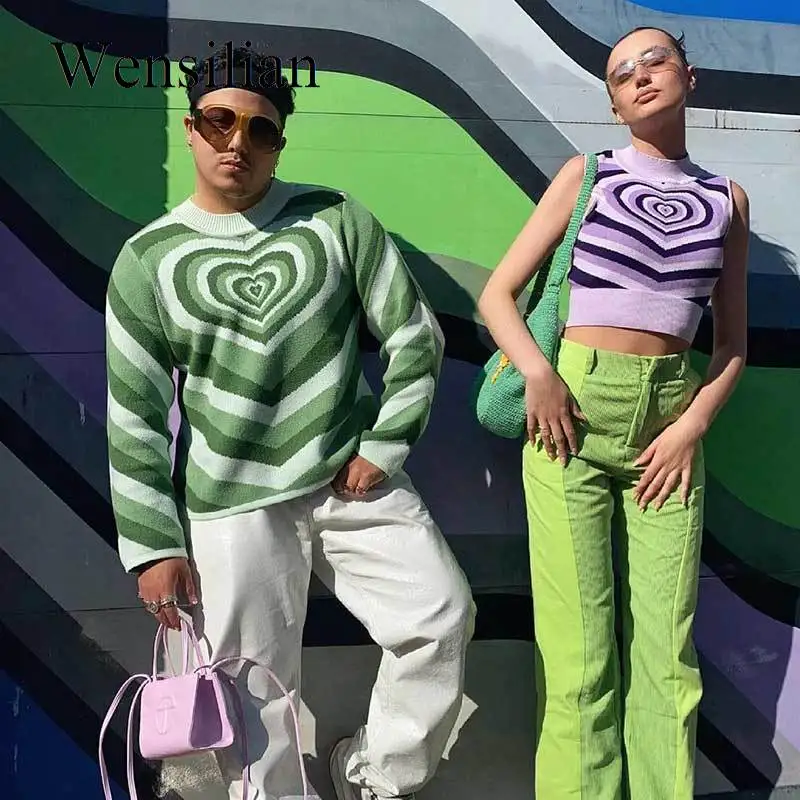 Y2K Green Sweater Aesthetics Heart Striped Sweater Turtleneck Sweet Pullovers Knitted Crop Top Long Sleeve Harajuku 90s Knitwear